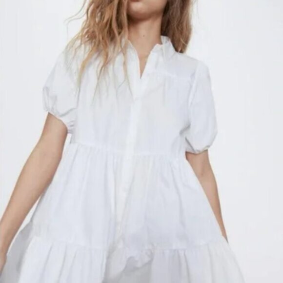Zara Flounce Mini Dress Tiered Baby Doll Puff Sleeve Sz XL - Picture 12 of 13